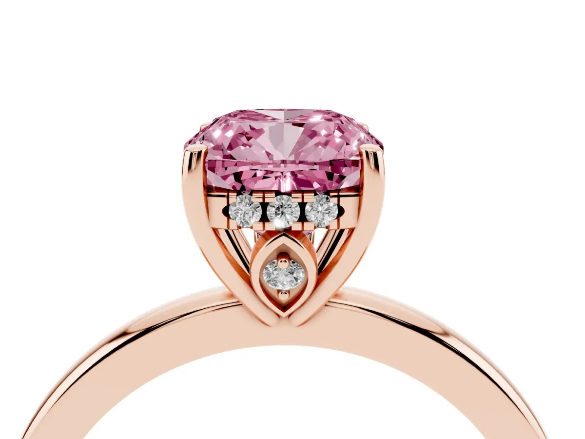Fancy Pink Cushion Cut Solitaire Diamond Ring with Prong Setting and Plain Band Rose gold