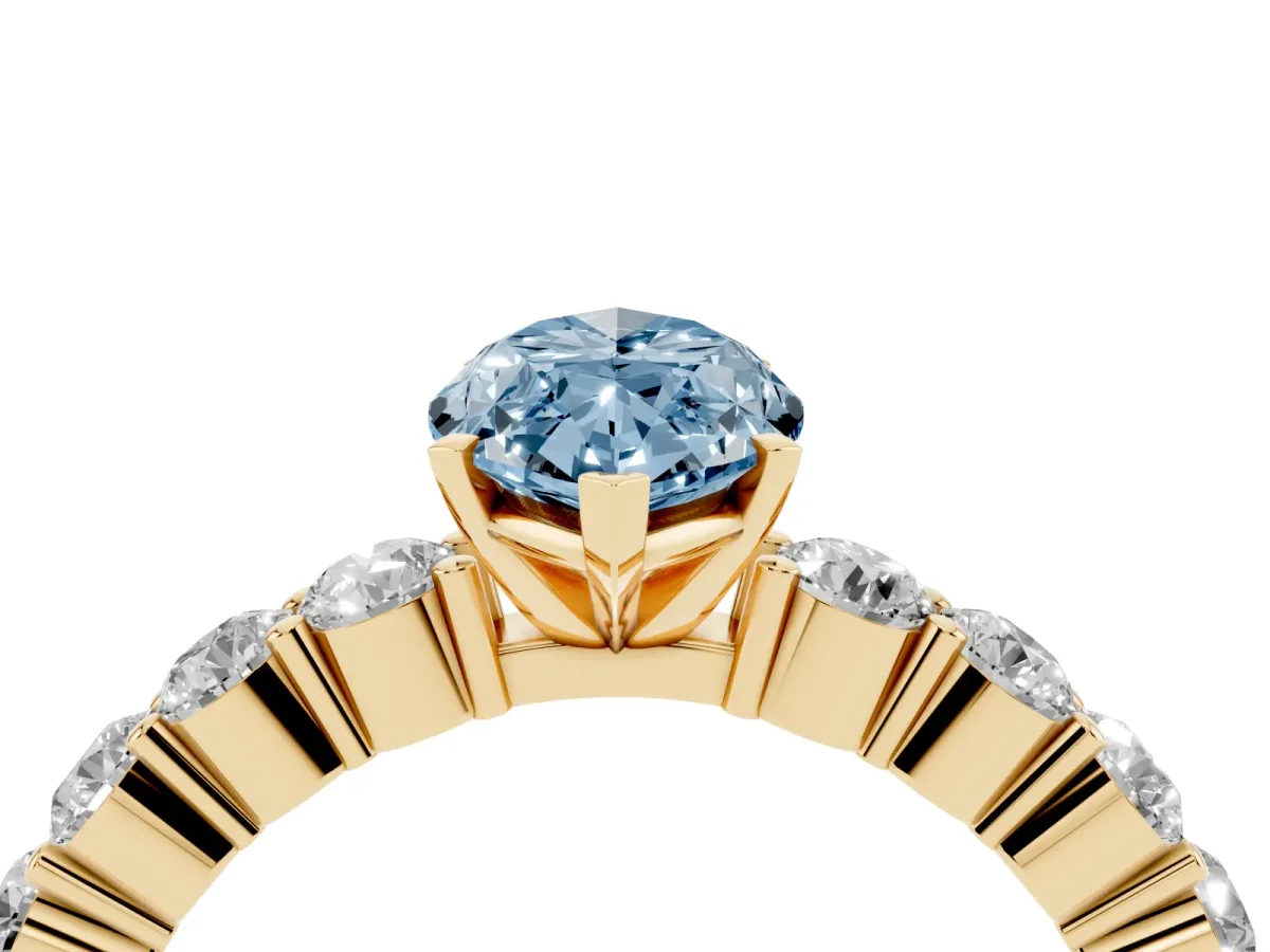 Fancy Blue Marquise Cut Diamond Solitaire Ring with Shared Prong Round Side Stones Yellow gold