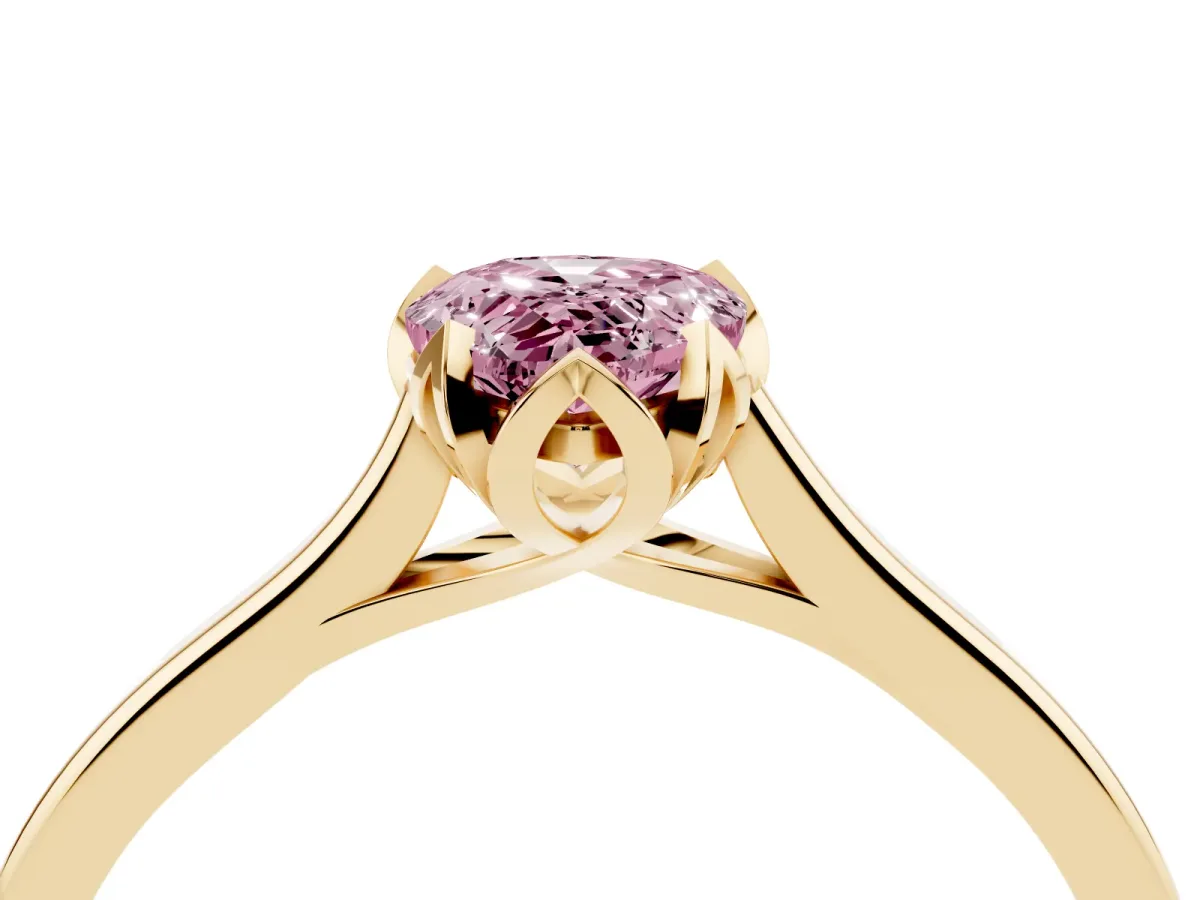 Fancy Pink Pear Cut Diamond Solitaire Ring with Flower Prong Setting and Classic Band Yellow gold
