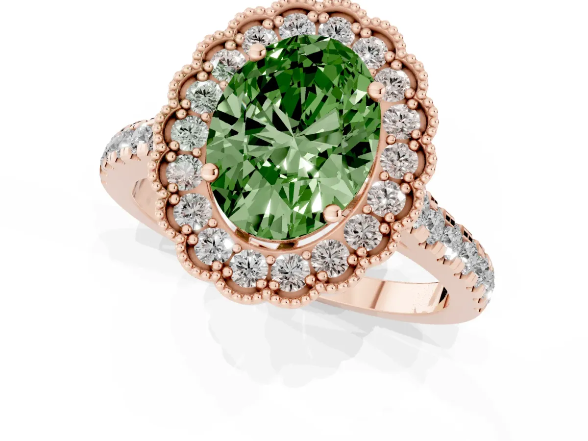 Fancy Green Oval Cut Cut Diamond Milgrain Floral Halo Engagement Ring with Pavé Band Rose gold