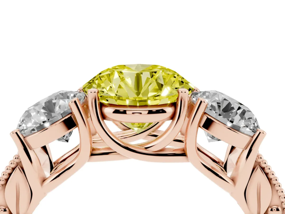 Fancy Yellow Three-Stone Round Cut Cut Milgrain Pavé Engagement Ring Rose gold