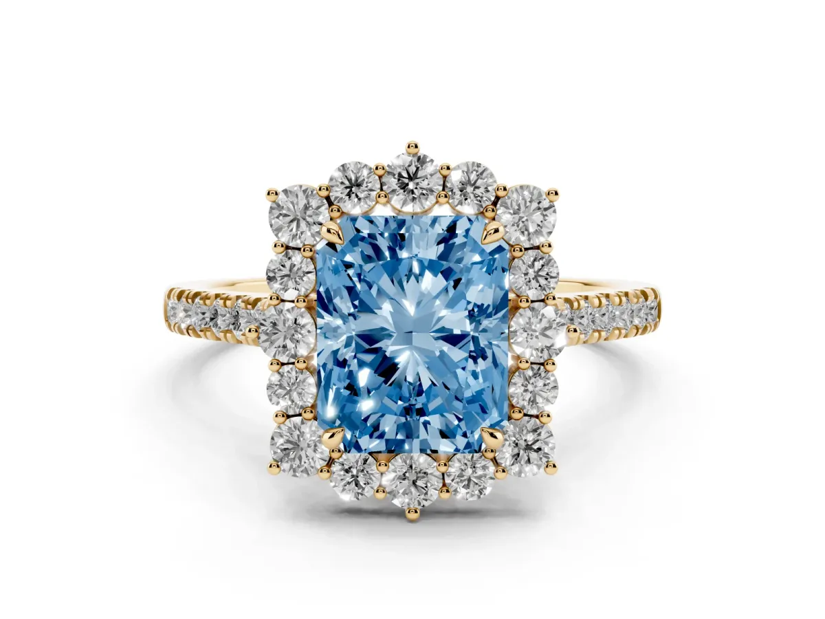 Fancy Blue Radiant Cut Halo Diamond Ring with Pavé Band and Prong Setting Yellow gold
