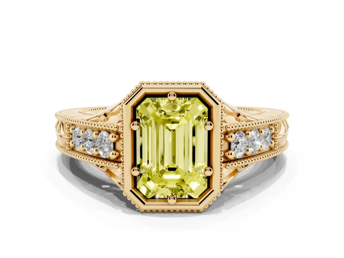 Fancy Yellow Bezel Set Emerald Cut Diamond Milgrain Pave Engagement Ring Yellow gold