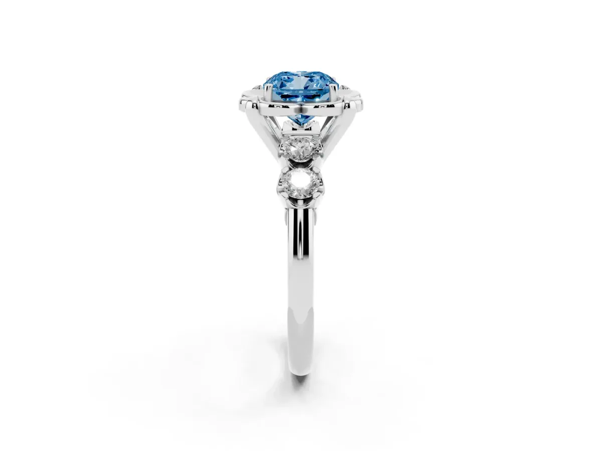 Fancy Blue Cushion Cut Cut Diamond Floral Halo Engagement Ring with Shared Prong Setting Silver