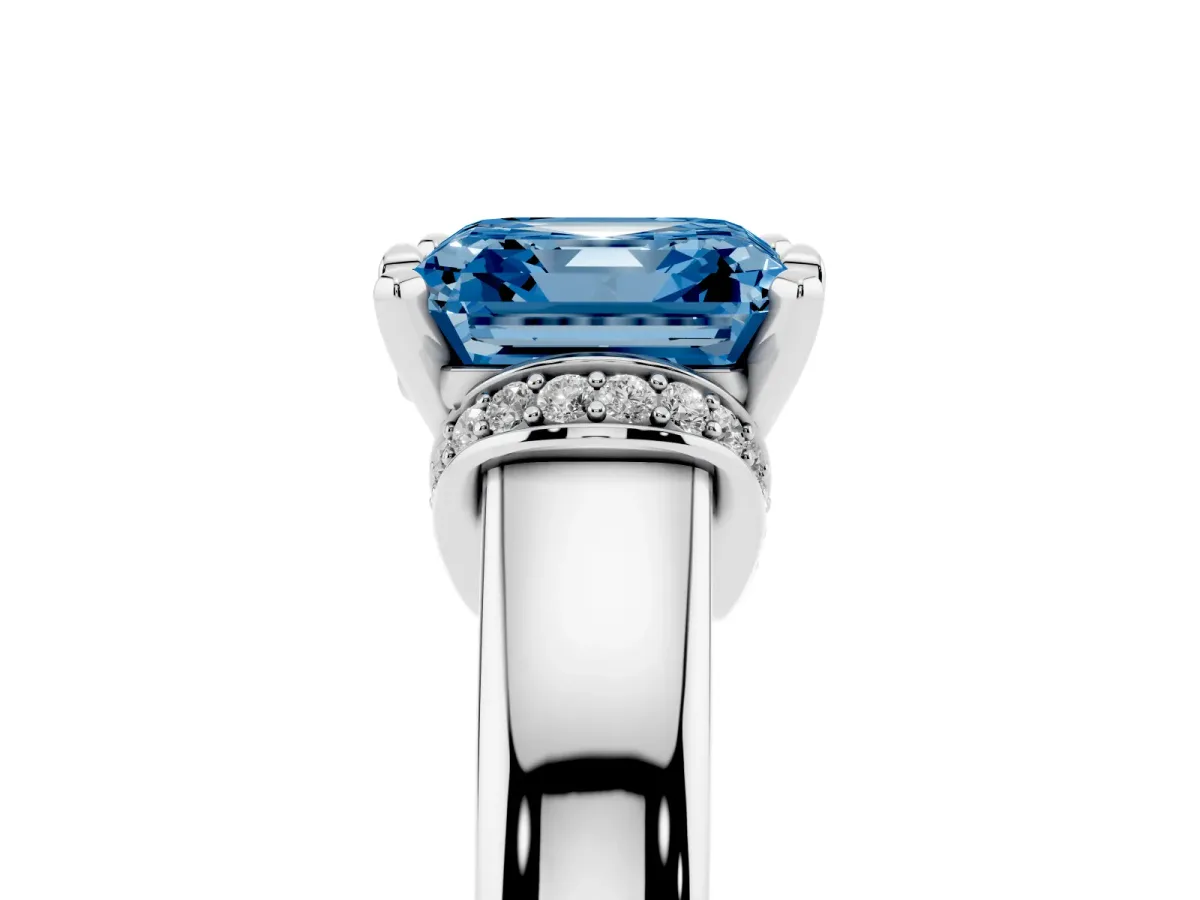 Fancy Blue Asscher Cut Solitaire Diamond Ring with Pave Band and Six-Prong Setting Silver