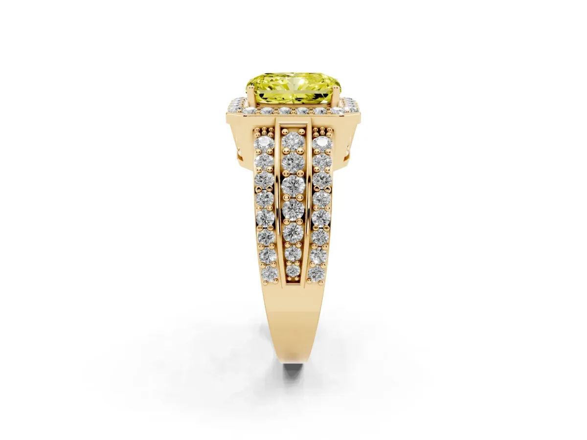 Fancy Yellow Radiant Cut Halo Diamond Ring with Round Split Shank and Prong Setting Yellow gold