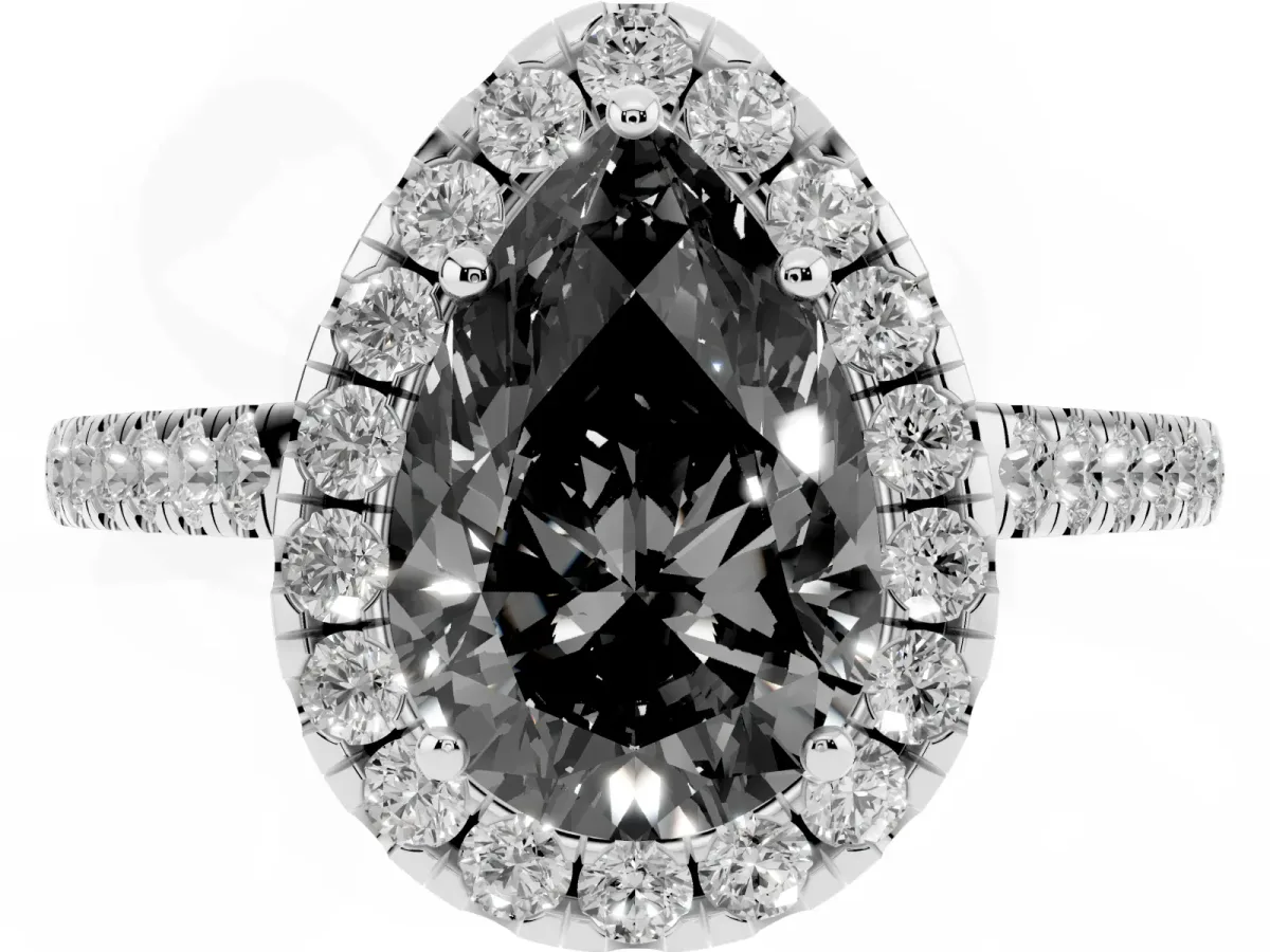 Fancy Black Pear Cut Halo Pave Diamond Engagement Ring with Four-Prong Setting Silver