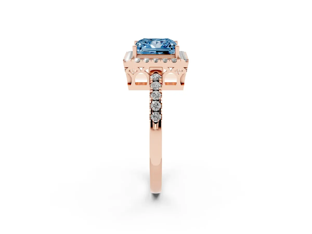 Fancy Blue Princess Cut Halo Diamond Engagement Ring with Pavé Band and Four-Prong Setting Rose gold