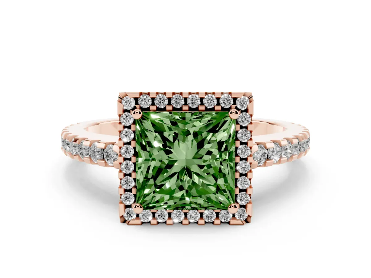 Fancy Green Princess Cut Diamond Halo Engagement Ring with Pavé Band and Prong Setting Rose gold