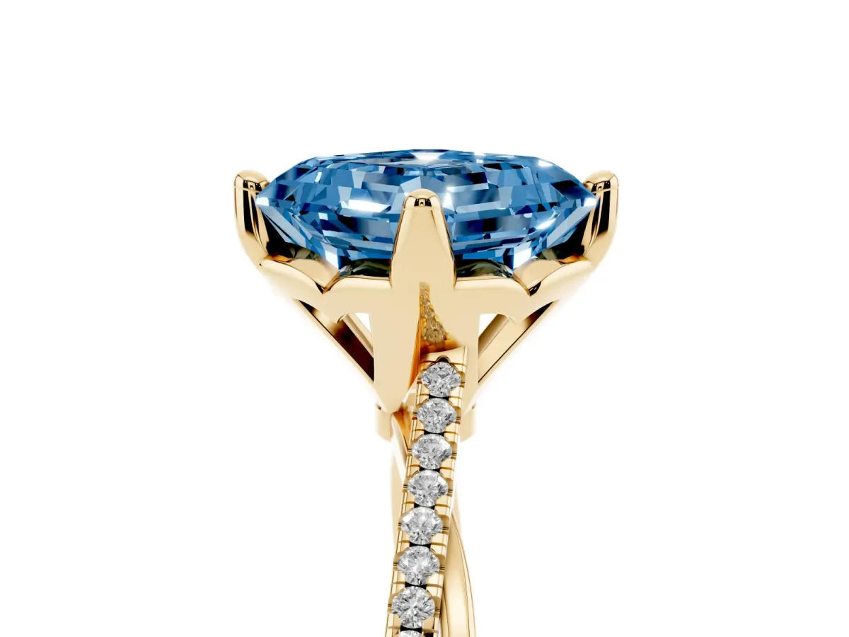 Fancy Blue Asscher Cut Solitaire Twist Band with Pavé Diamonds and Four-Prong Setting Yellow gold