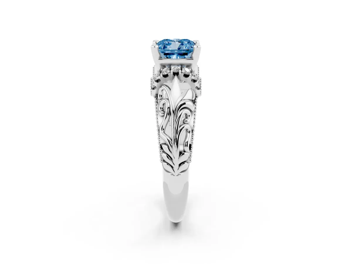 Fancy Blue Cushion Cut Solitaire Filigree Engagement Ring with Halo and Prong Setting Silver