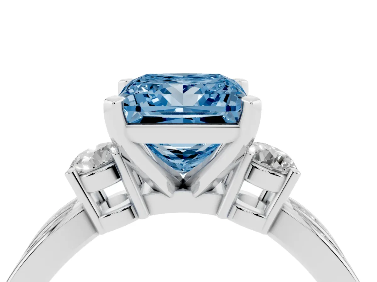 Fancy Blue Three-Stone Princess Cut Cut Diamond Twist Band with Prong Setting Silver