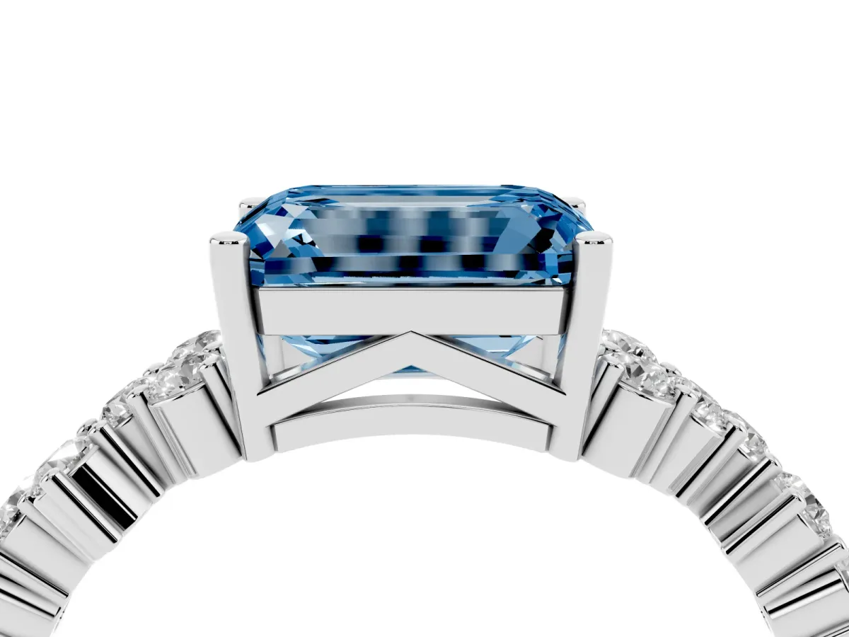 Fancy Blue Emerald Cut Diamond Scattered Round Accent Ring with Prong Setting Silver