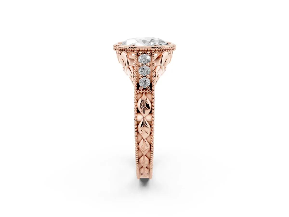 Bezel Set Oval Cut Diamond Milgrain Pave Engagement Ring Rose gold
