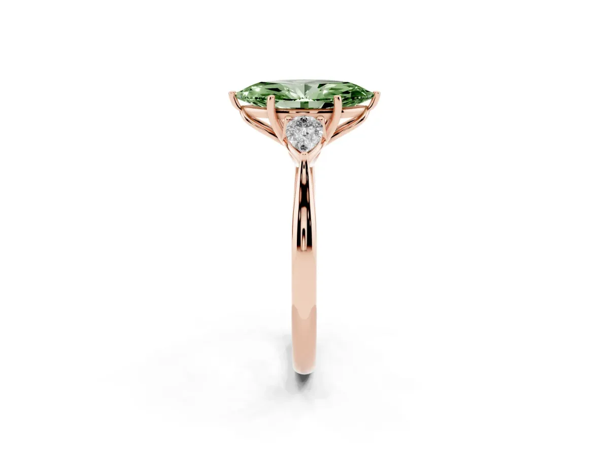 Fancy Green Three-Stone Marquise Cut Diamond Ring with Pear Side Stones in Four-Prong Setting Rose gold