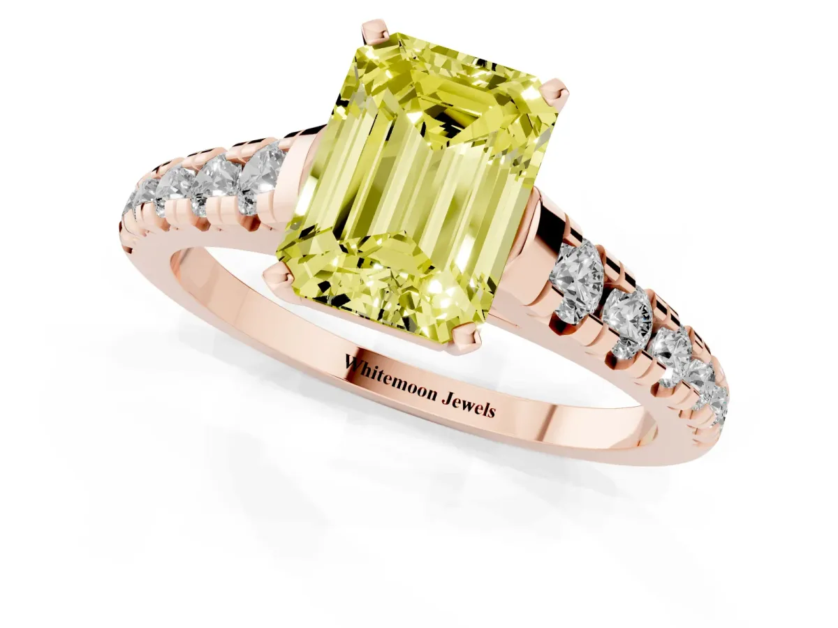 Fancy Yellow Emerald Cut Diamond Cathedral Solitaire Ring with Round Pavé Band Rose gold