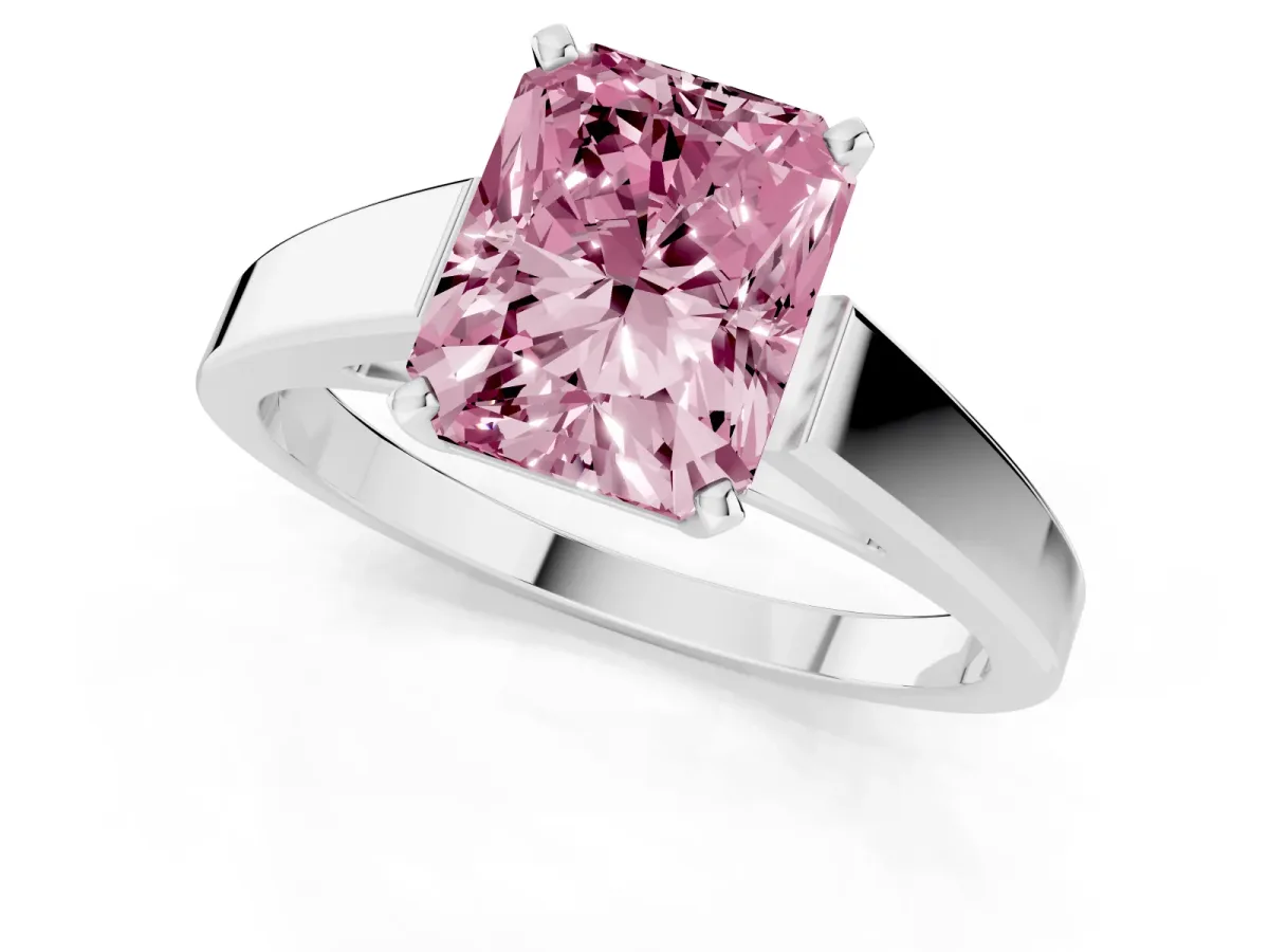 Fancy Pink Radiant Cut Solitaire Engagement Ring with Four-Prong Setting and Tapered Band Silver