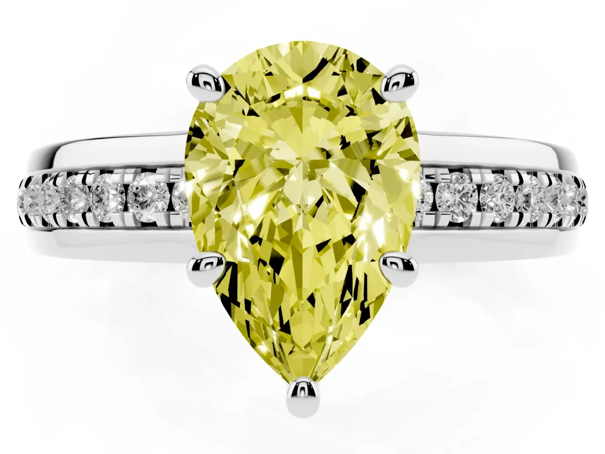 Fancy Yellow Pear Cut Solitaire Diamond Ring with Channel Set Band and Six-Prong Setting Silver