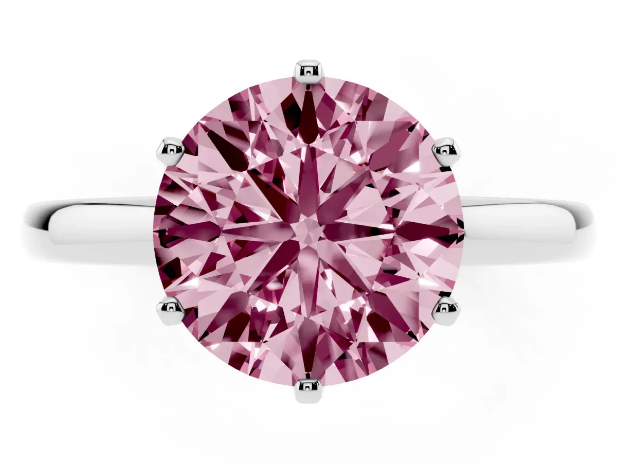 Fancy Pink Round Cut Solitaire Diamond Ring with Six-Prong Setting on a Classic Band Platinum