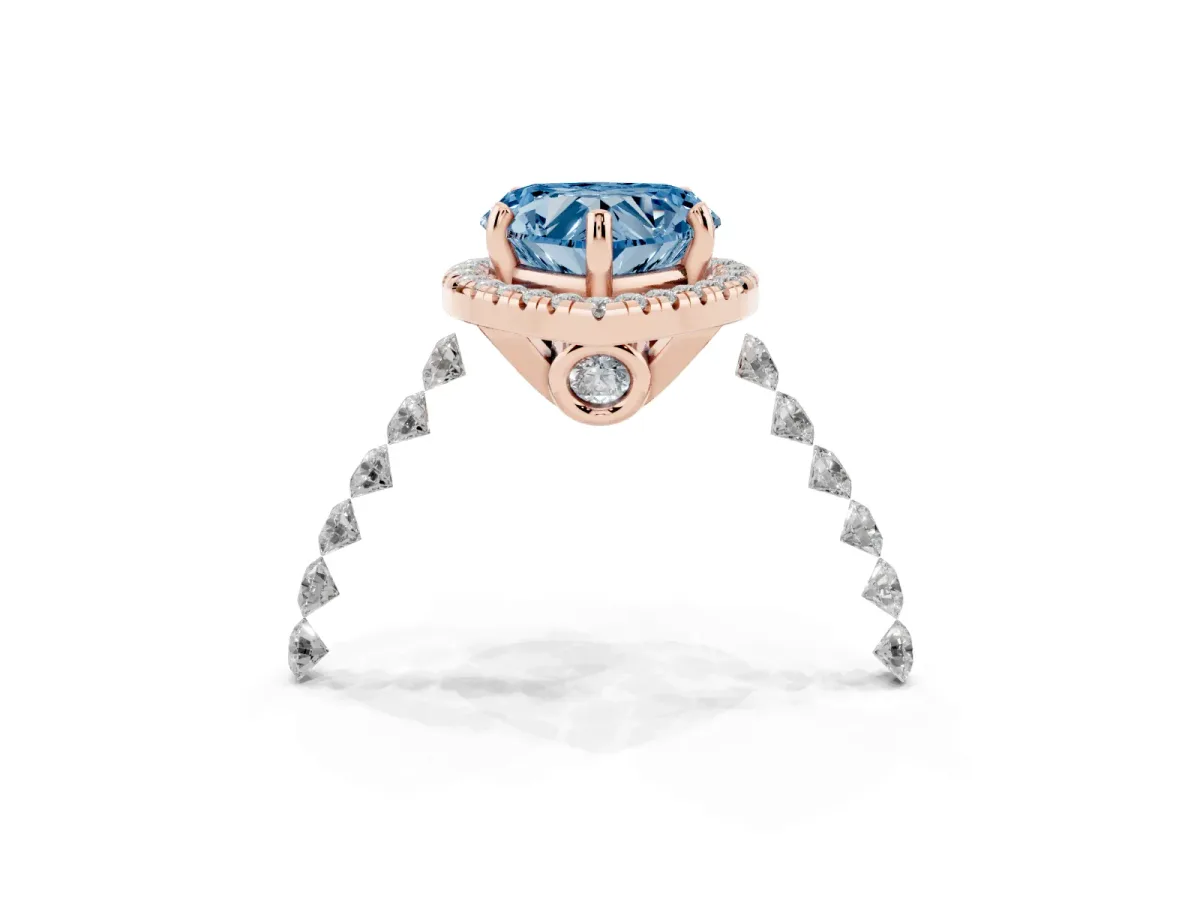 Fancy Blue Heart Cut Halo Pavé Diamond Engagement Ring with Four-Prong Setting Rose gold