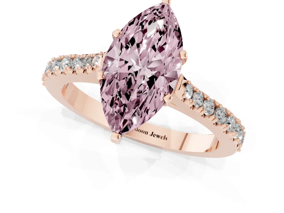 Fancy Pink Marquise Cut Cut Solitaire Diamond Engagement Ring with Pave Band and Four-Prong Setting Rose gold