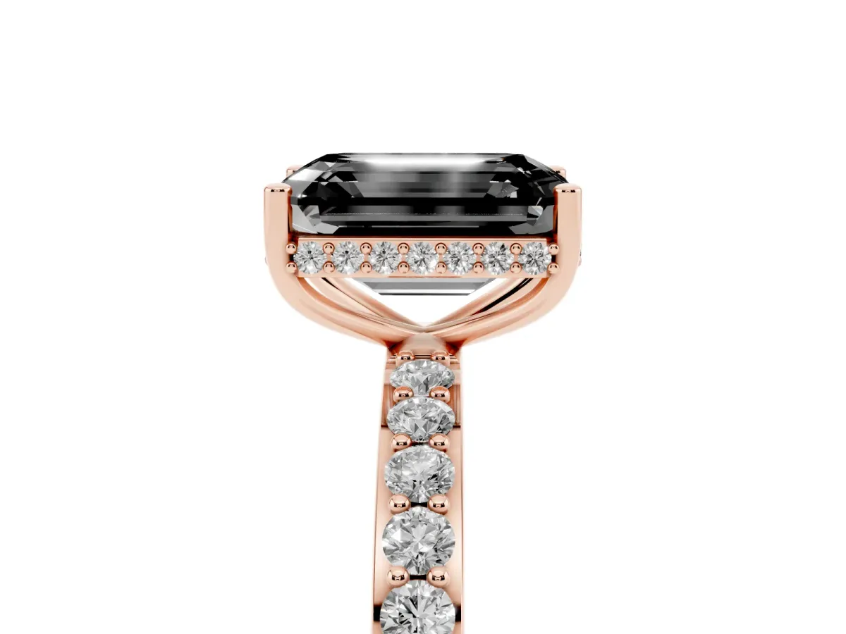 Fancy Black Emerald Cut Diamond Solitaire Ring with Pavé Band and Hidden Halo Rose gold