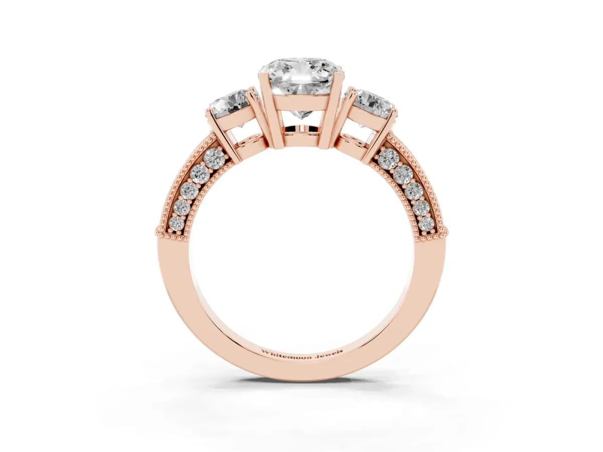 Cushion Cut Three-Stone Diamond Ring with Pavé Band and Four-Prong Setting Rose gold
