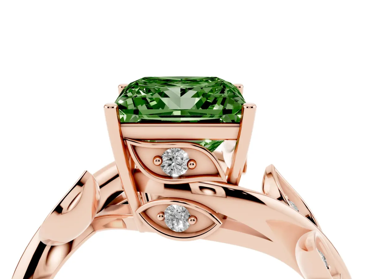 Fancy Green Princess Cut Solitaire Twist Engagement Ring with Leaf Accents and Prong Setting Rose gold