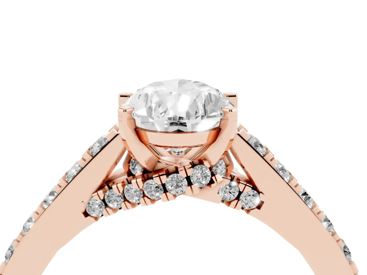 Pear Cut Diamond Solitaire Ring with Crossover Gallery and Round Pavé Band Rose gold