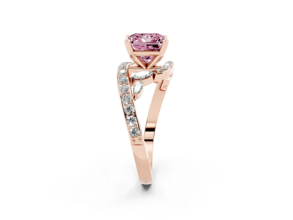 Fancy Pink Princess Cut Solitaire with Pavé Twist Band and Four-Prong Setting Rose gold