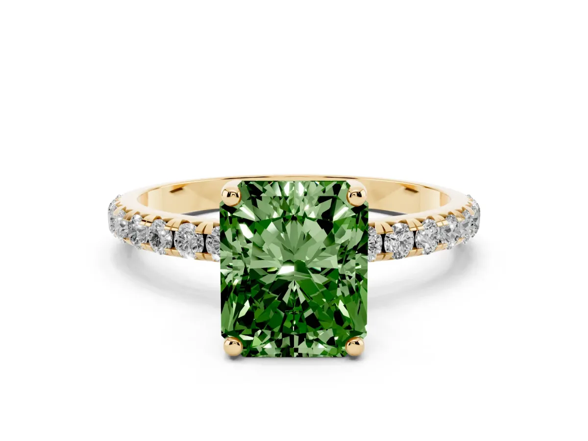 Fancy Green Radiant Cut Cut Diamond Solitaire Ring with Micro Pave Band and Four Prong Setting Yellow gold