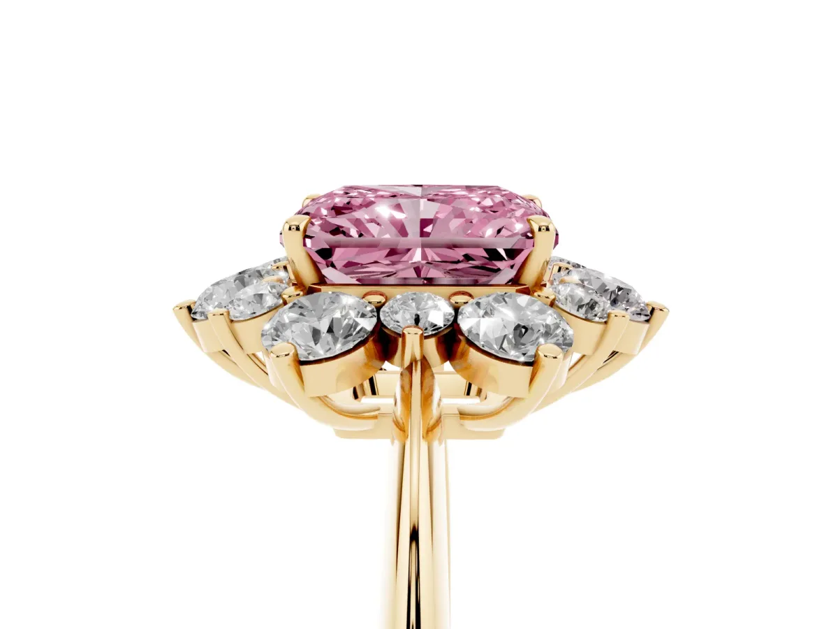 Fancy Pink Radiant Cut Diamond Cluster Halo Ring with Solitaire Band and Four-Prong Setting Yellow gold