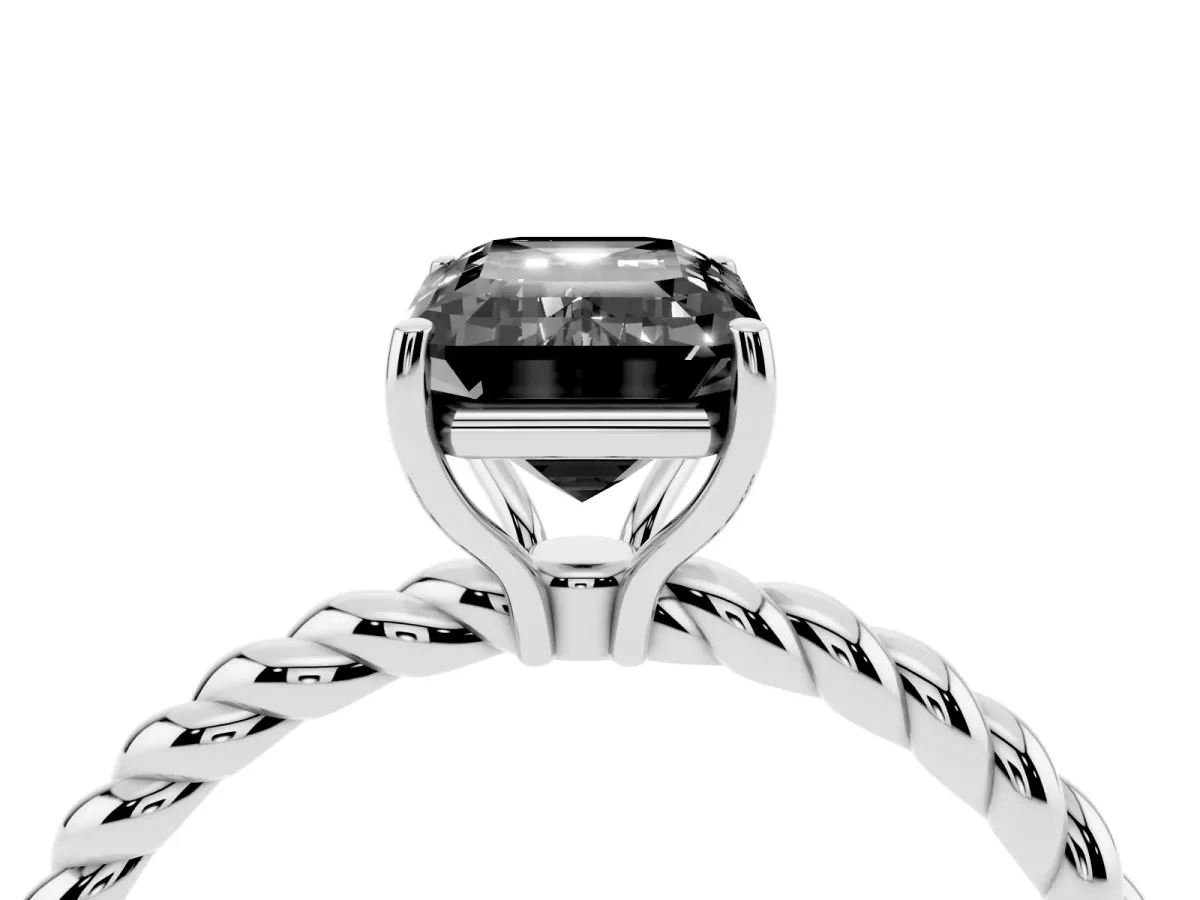 Fancy Black Emerald Cut Solitaire Twisted Band 4-Prong Ring Silver