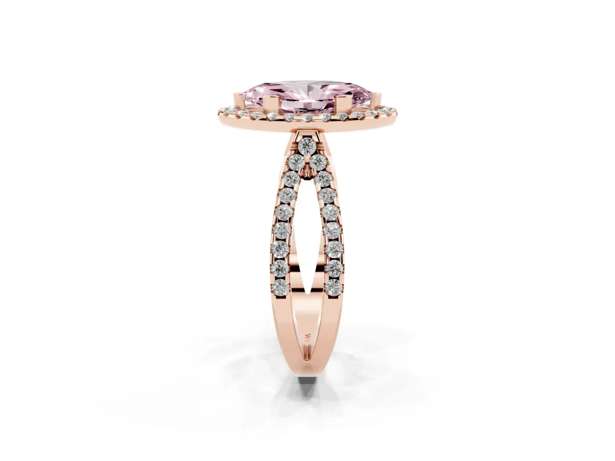 Fancy Pink Marquise Cut Diamond Halo Ring with Split Shank Pavé Band and Prong Setting Rose gold