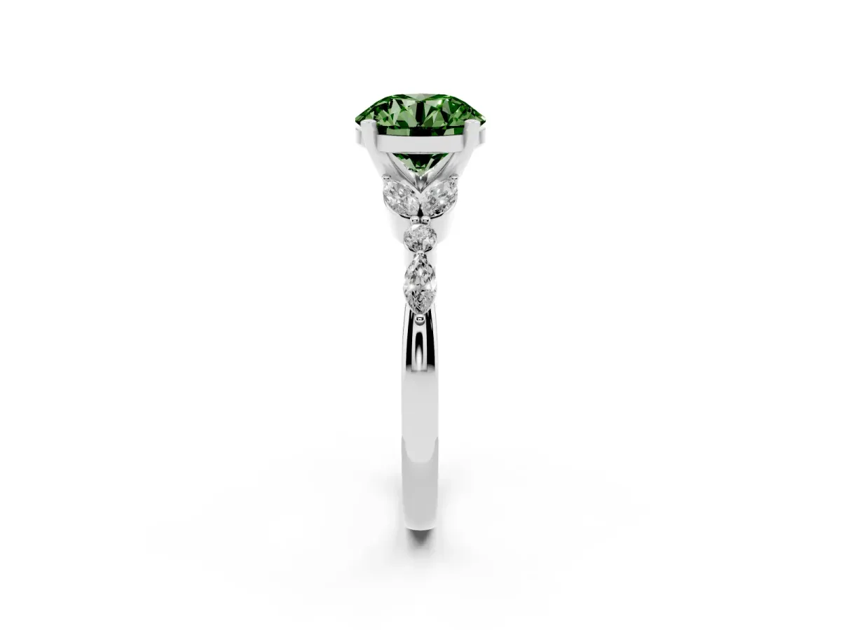 Fancy Green Round Cut Diamond Solitaire Ring with Side Stones and Four-Prong Setting Silver