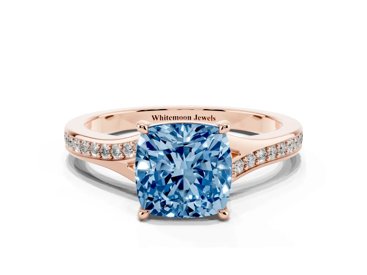 Fancy Blue Cushion Cut Diamond Solitaire Ring with Pavé Band and Prong Setting Rose gold