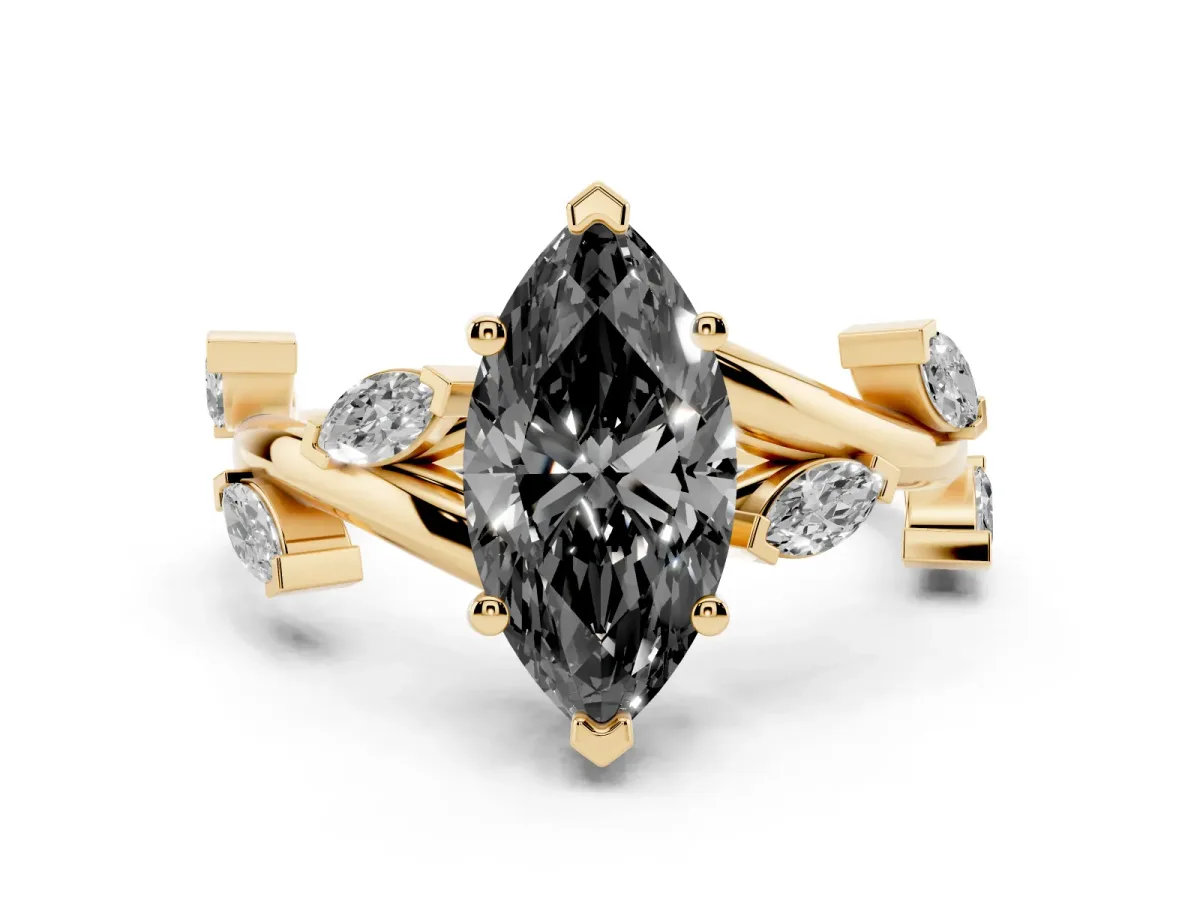 Fancy Black Marquise Cut Solitaire Twisted Band Marquise Accent Prong Setting Ring Yellow gold