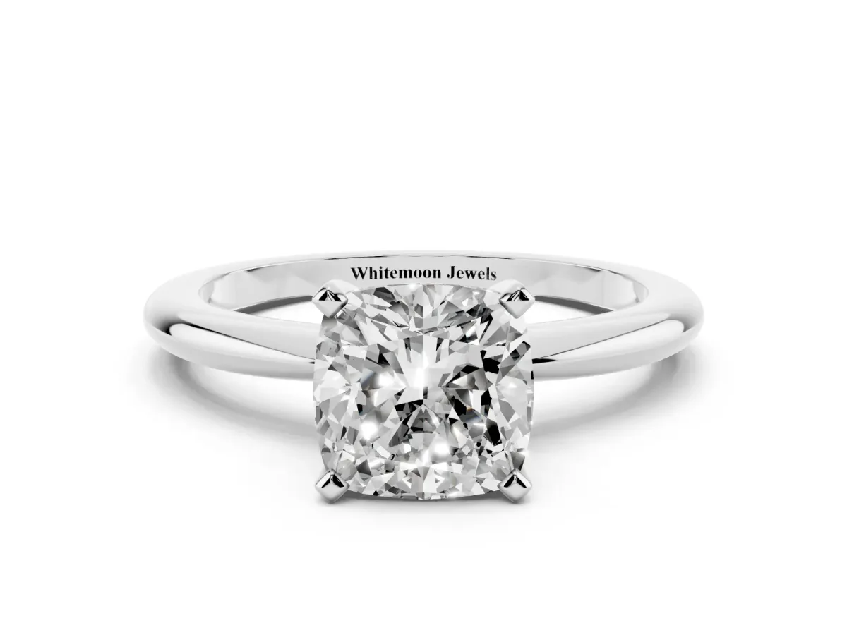 Cushion Cut Diamond Solitaire Ring with Prong Setting and Classic Band Platinum