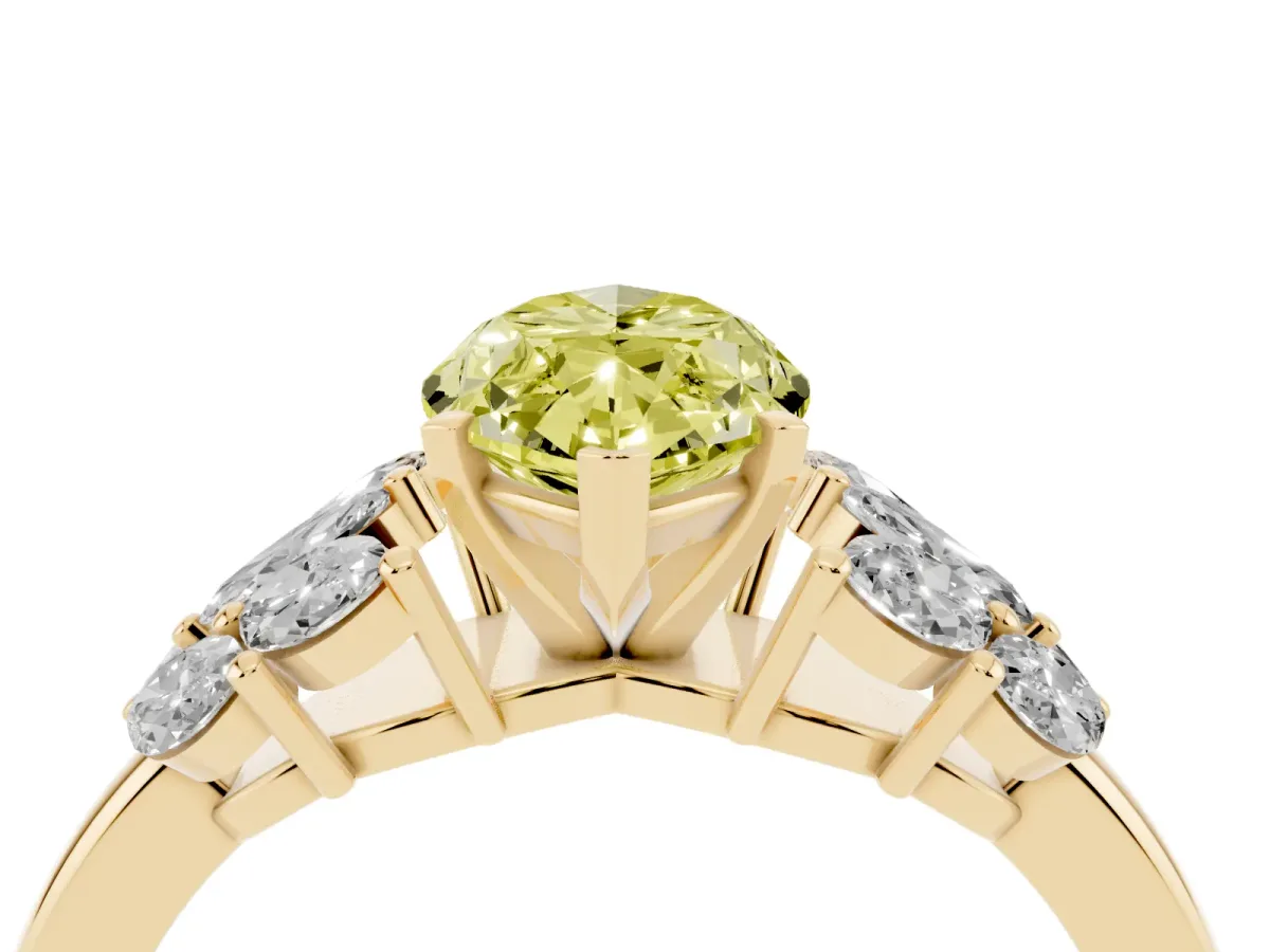 Fancy Yellow Marquise Cut Diamond Cluster Leaf Design Ring with Prong Setting Yellow gold