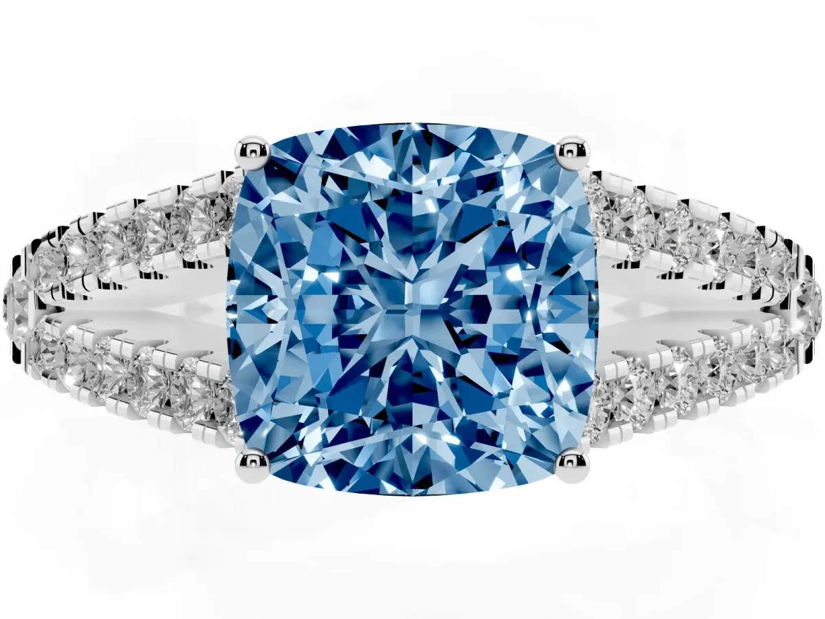 Fancy Blue Cushion Cut Diamond Split Shank Engagement Ring with Round Pavé and Prong Setting Platinum