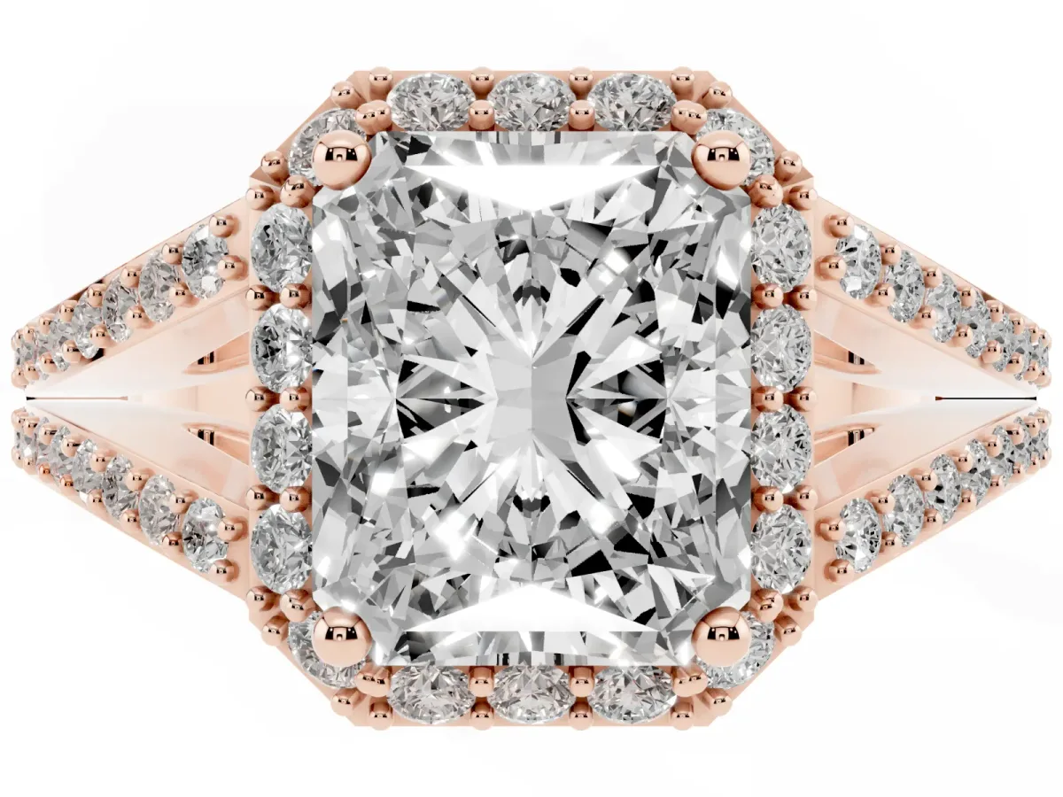 Radiant Cut Halo Split Shank Pave Diamond Ring with Four-Prong Setting Rose gold