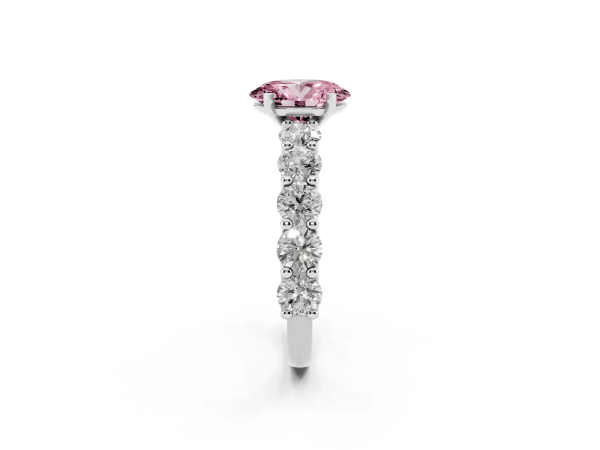 Fancy Pink Oval Cut Diamond Prong Setting with Side Stones on a Pave Band Silver