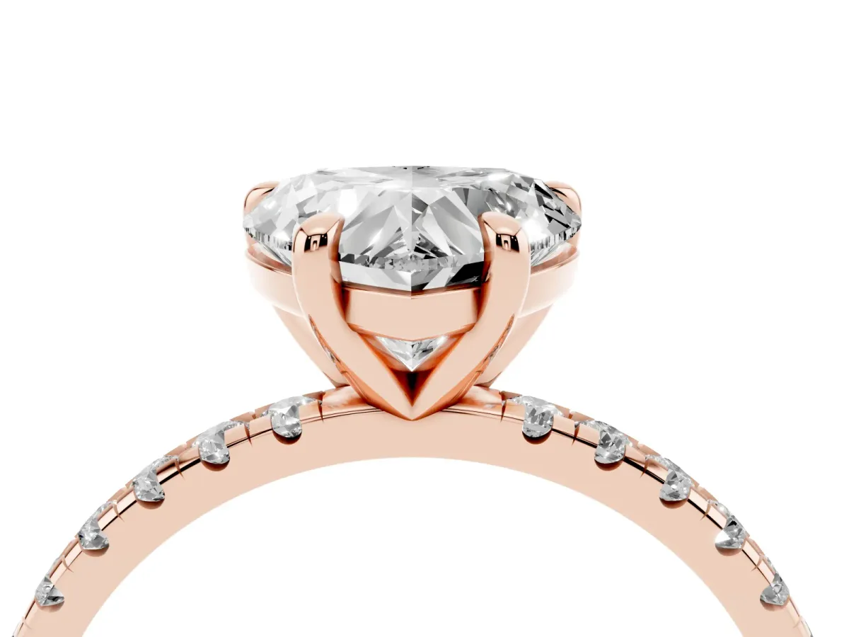 Heart Cut Diamond Brilliant Solitaire Ring with Pavé Band and Four-Prong Setting Rose gold