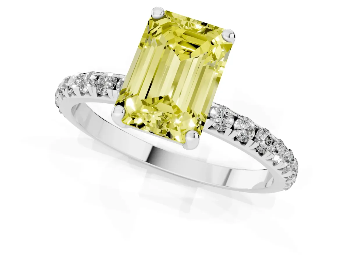 Fancy Yellow Emerald Cut Cut Diamond Solitaire Ring with Micro Pave Band and Four Prong Setting Silver