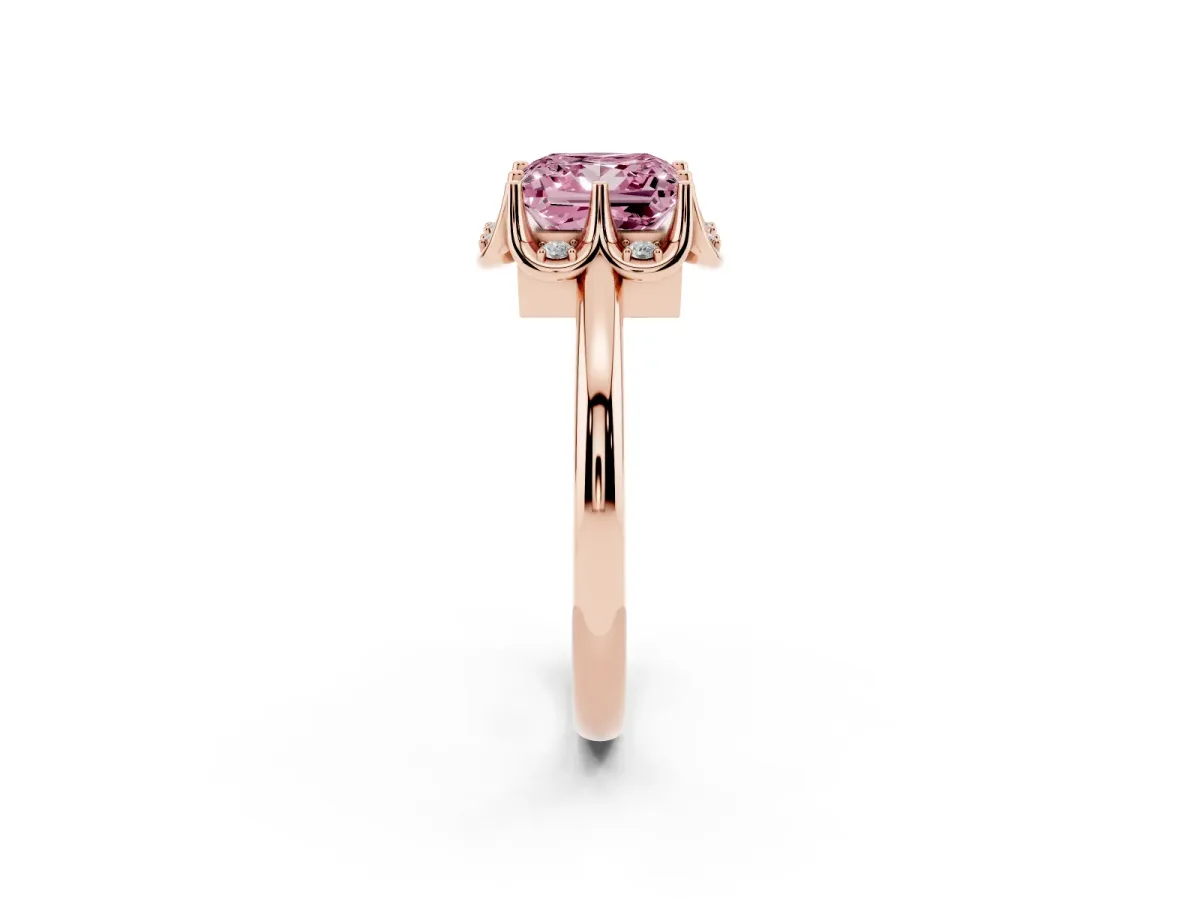 Fancy Pink Princess Cut Halo Diamond Ring with Round Cluster Setting, Solitaire Band, and Four-Prong Setting Rose gold