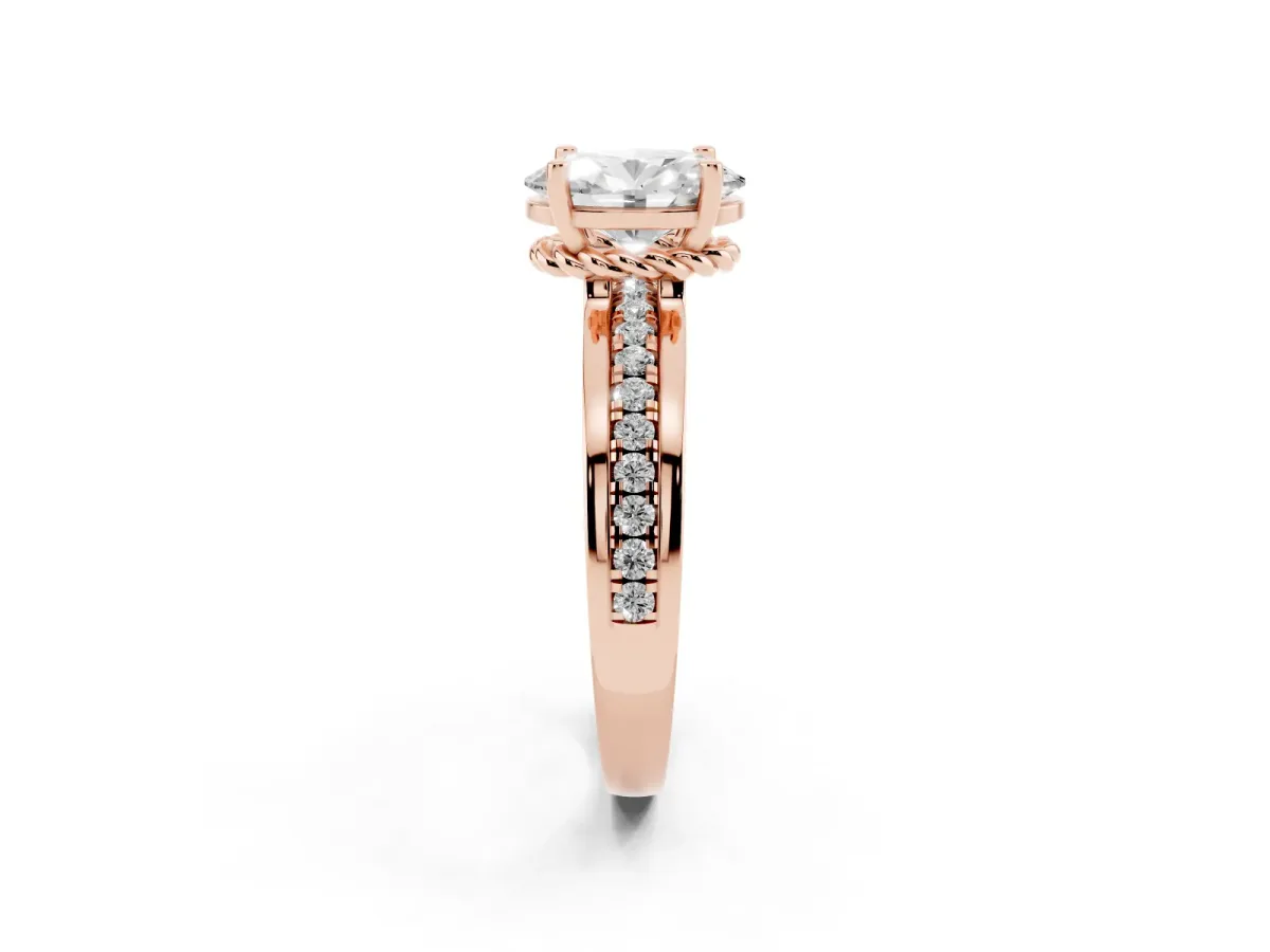 Oval Cut Solitaire Diamond Ring with Channel Set Band and Six-Prong Setting Rose gold