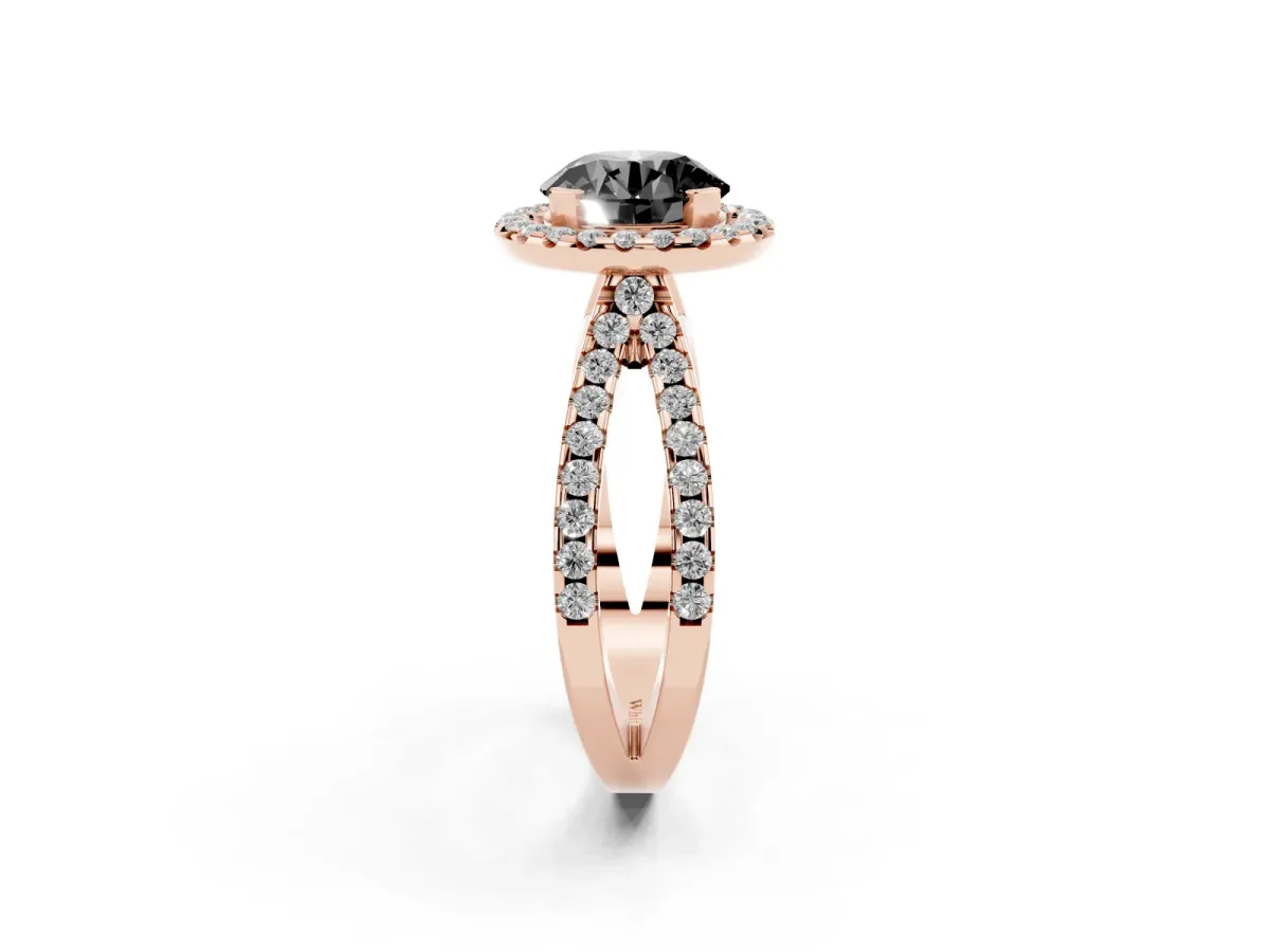 Fancy Black Round Cut Diamond Halo Ring with Split Shank Pavé Band and Prong Setting Rose gold