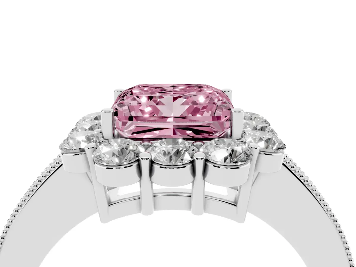 Fancy Pink Princess Cut Cut Halo Diamond Pavé Engagement Ring with Milgrain Detailing White gold
