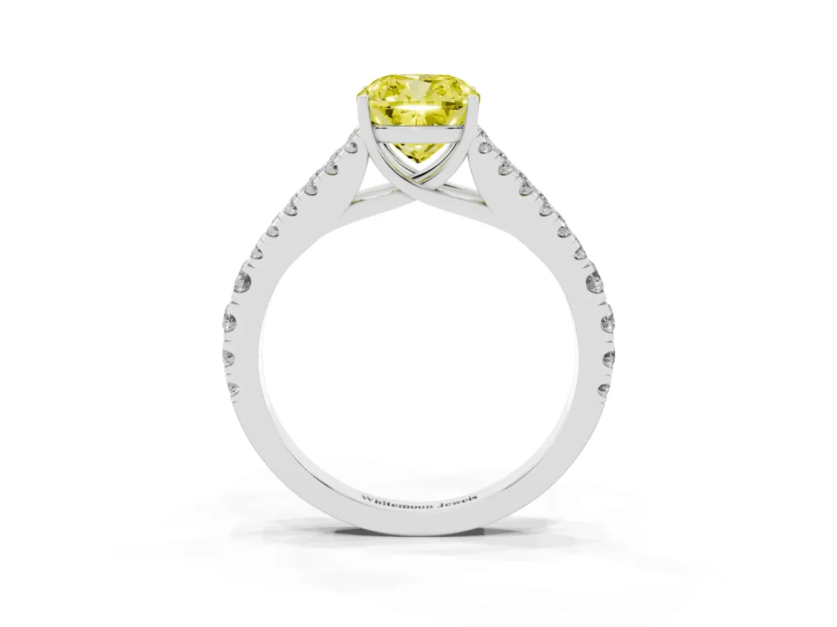 Fancy Yellow Cushion Cut Diamond Split Shank Engagement Ring with Round Pavé and Prong Setting Silver