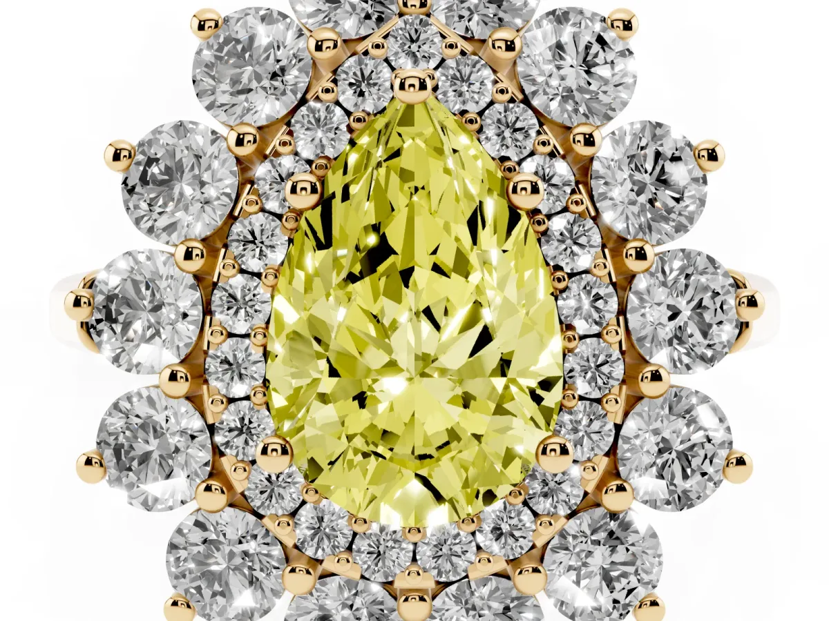 Fancy Yellow Pear Cut Diamond Floral Double Halo Engagement Ring with Prong Setting Yellow gold